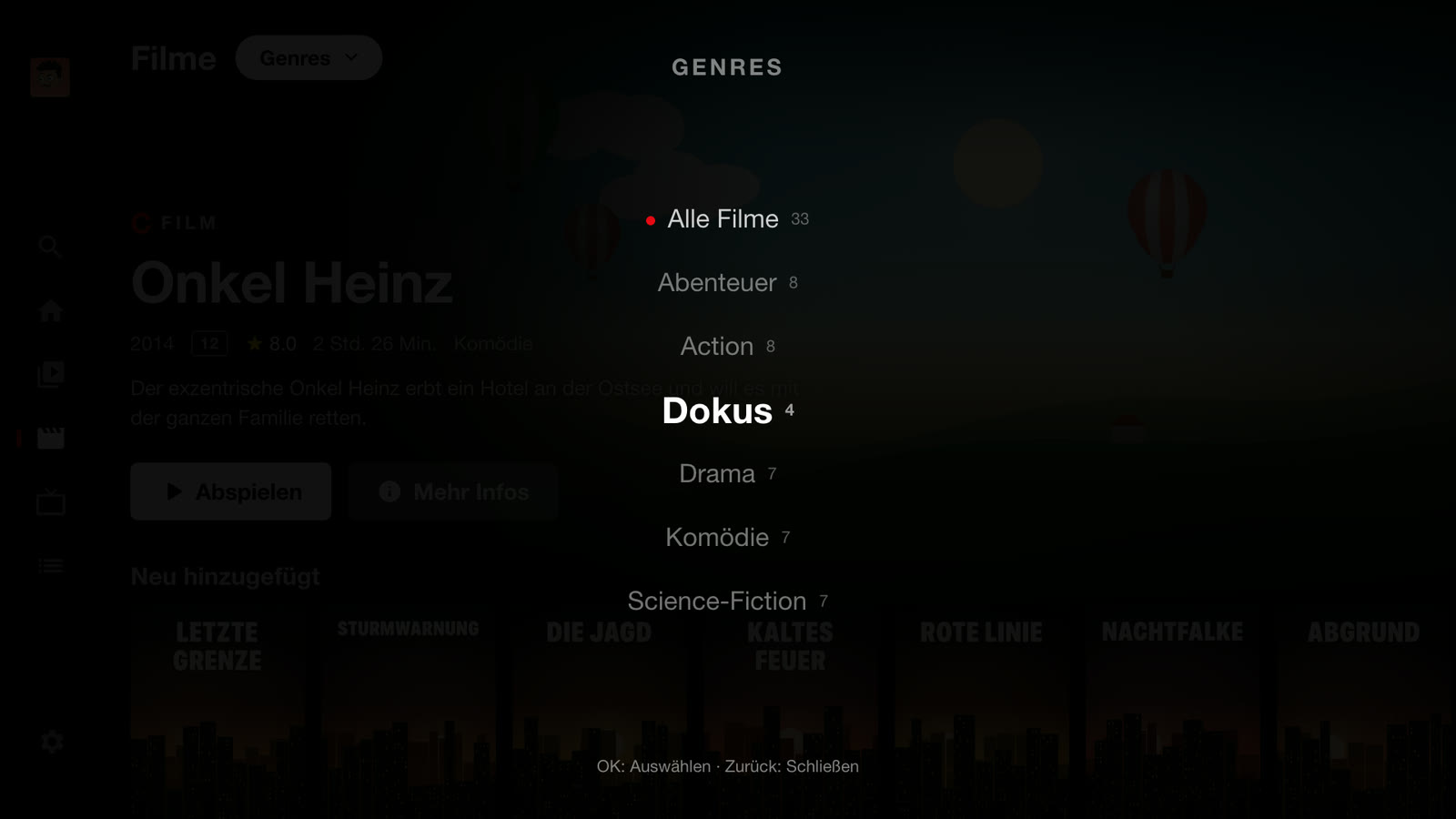 Genre-Auswahl mit Abenteuer, Action, Dokus, Drama, Komödie und Science-Fiction