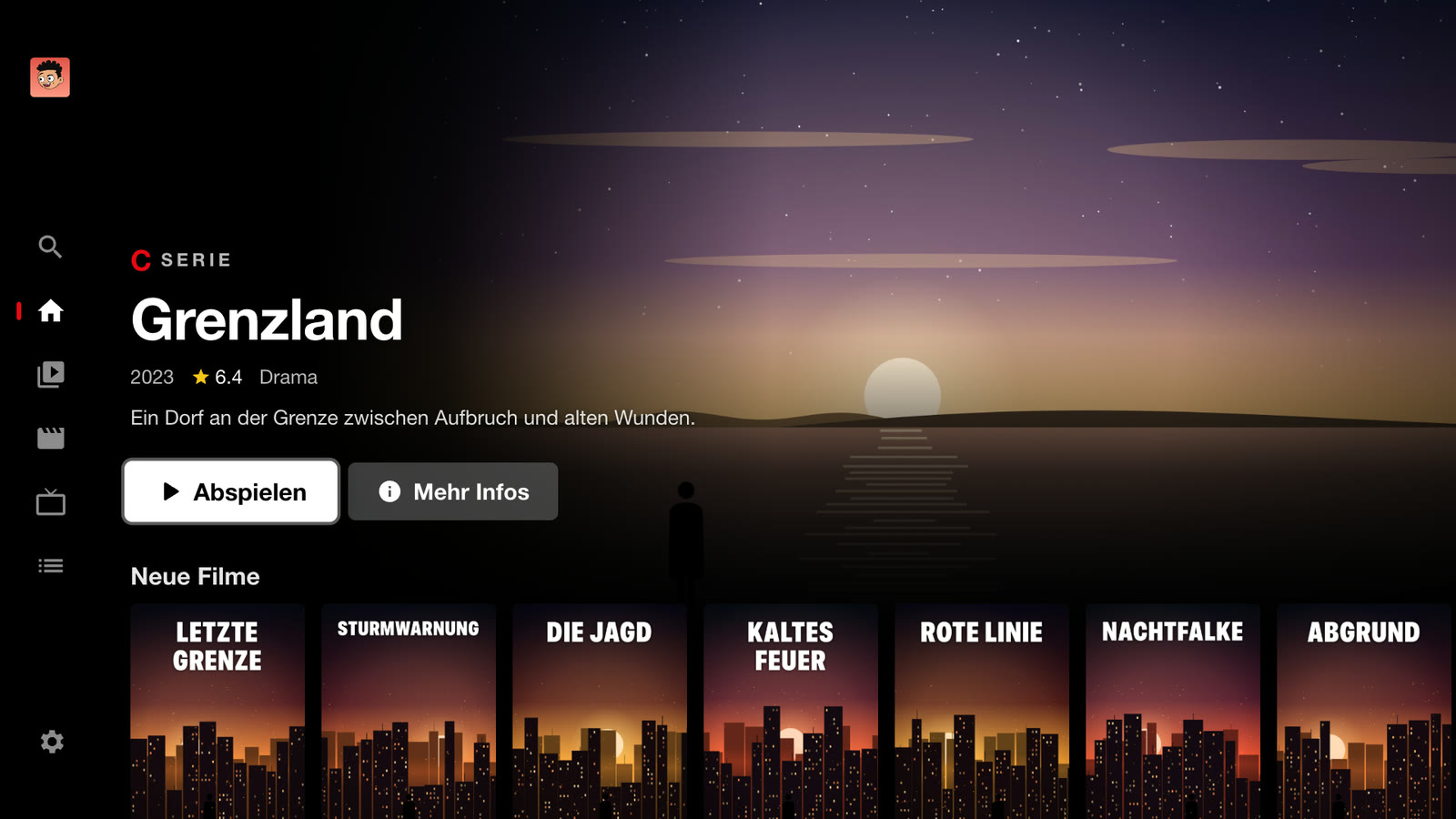CINEO auf dem Fernseher: Startseite mit großem Titelbild und der Reihe „Neue Filme“