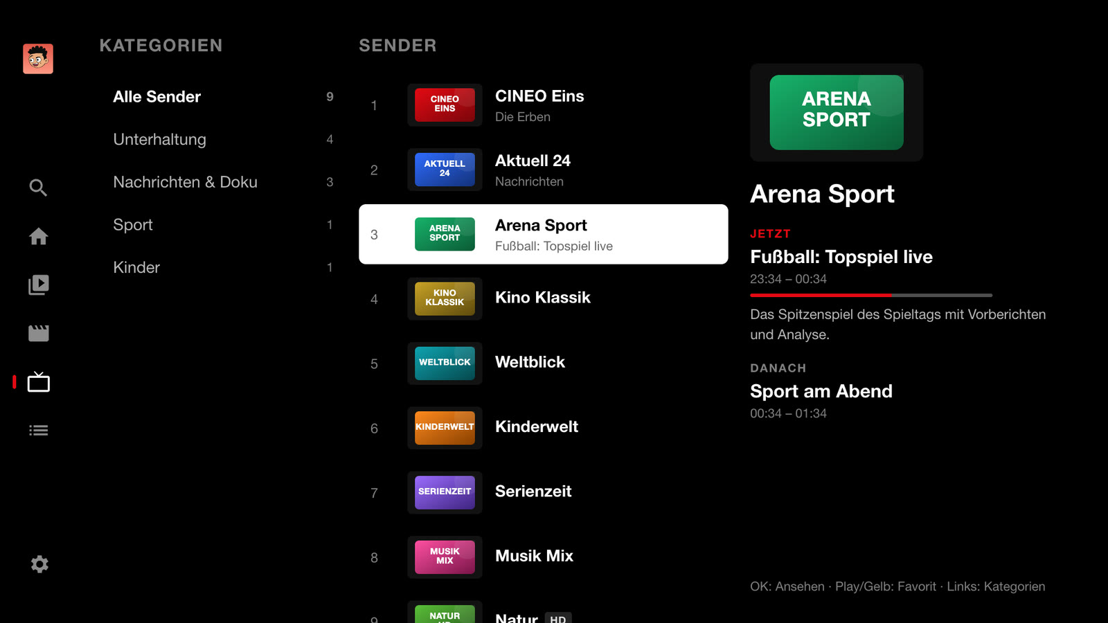 Live-TV mit Kategorien, Senderliste und der Anzeige „Jetzt“ und „Danach“