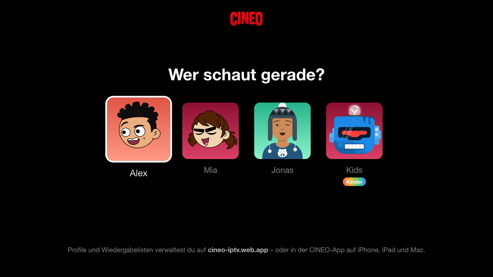 Profilauswahl „Wer schaut gerade?“ mit vier Profilen, eines davon ein Kinderprofil mit PIN