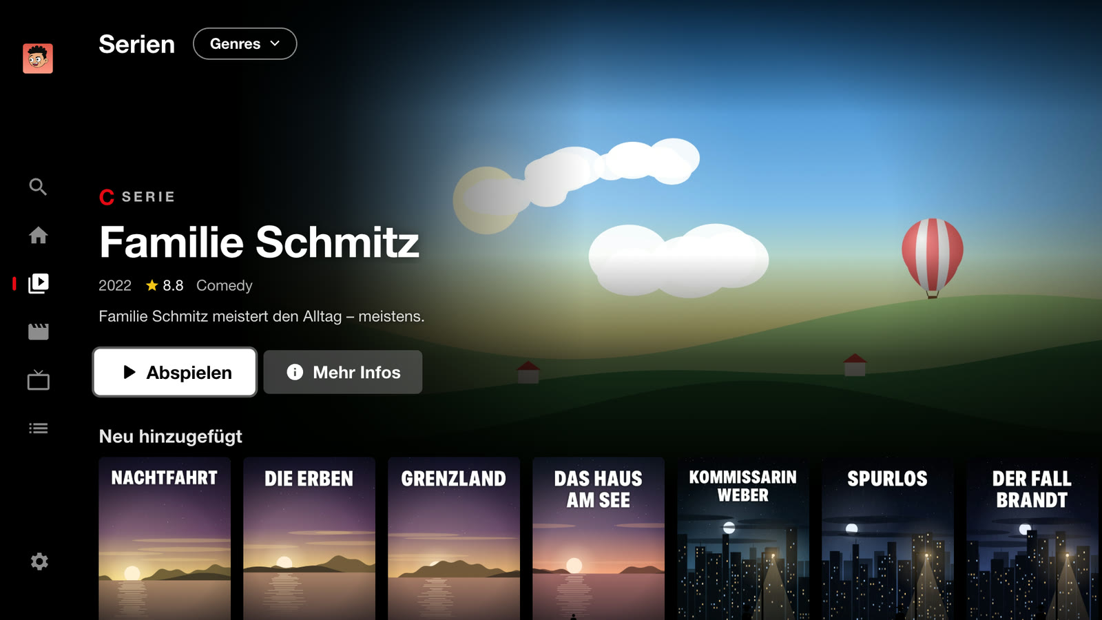 Serienseite mit Titelbild, Genres-Menü und der Reihe „Neu hinzugefügt“