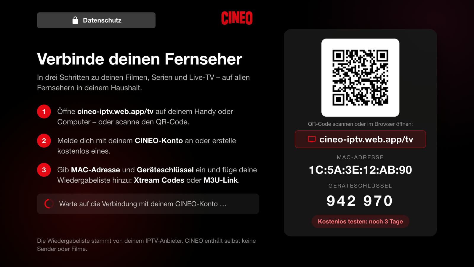 Startbildschirm der TV-App mit Website-Adresse, QR-Code, MAC-Adresse und Geräteschlüssel